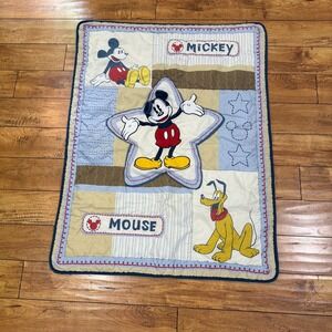 Disney Mickey Mouse Pluto Baby Crib Quilt Patchwork Reversible Blanket Blue Tan